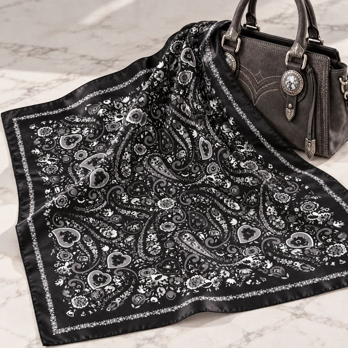 A black silk bandana scarf with an intricate white and gray paisley pattern, draped next to a dark gray western-style handbag on a light marble surface.