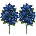 Set of 2 Blue Artificial Poinsettia Bushes, Royal Delft Blue Christmas Flowers, 13 Inch Holiday Floral Decor, 8 Blooms