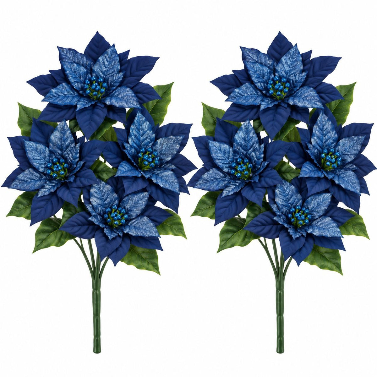 Set of 2 Blue Artificial Poinsettia Bushes, Royal Delft Blue Christmas Flowers, 13 Inch Holiday Floral Decor, 8 Blooms