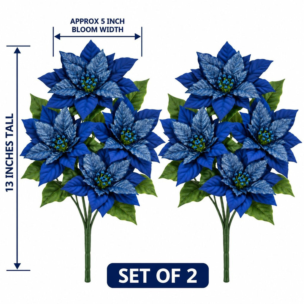 Two artificial blue poinsettia flower bouquets with green leaves and stems on a white background, with measurement labels showing 13 inches tall, approx 5 inch bloom width, and a set of 2 badge.