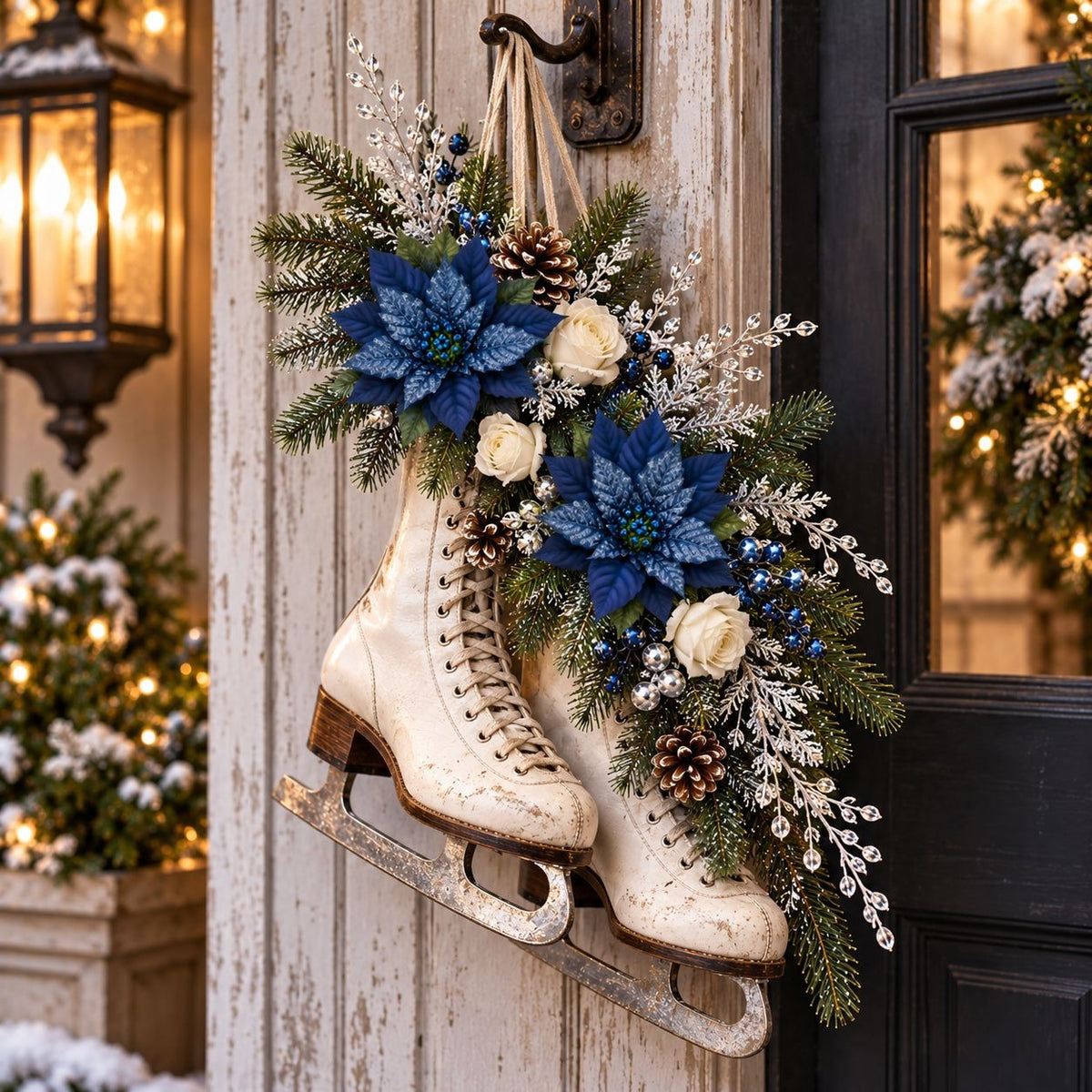 A decorative winter wreath hanging on a black front door, featuring a pair of distressed white ice skates with green pine branches, blue poinsettias, white roses, and silver berry accents.