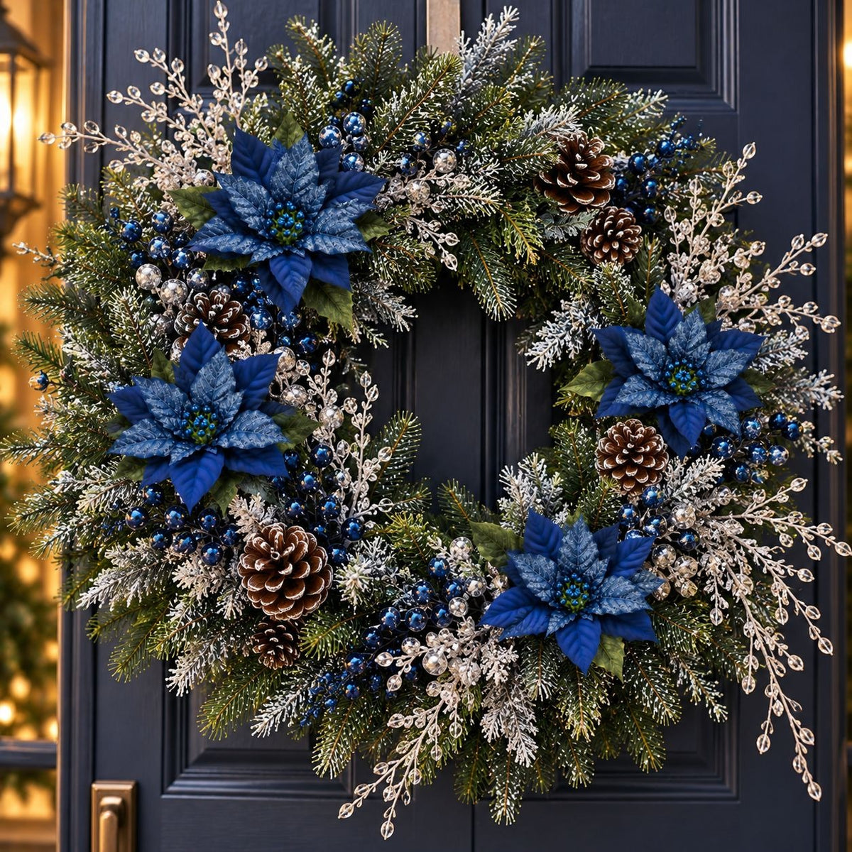 A festive Christmas wreath hanging on a dark navy door, decorated with blue poinsettias, pinecones, blue berries, and white frosted branches.