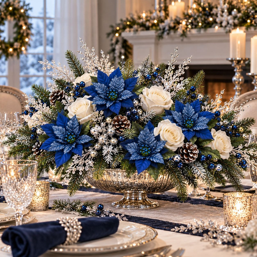 A festive holiday floral centerpiece in a gold pedestal bowl, featuring blue poinsettias, white roses, green pine branches, and white berries, set on a decorated dining table with candles and glassware.