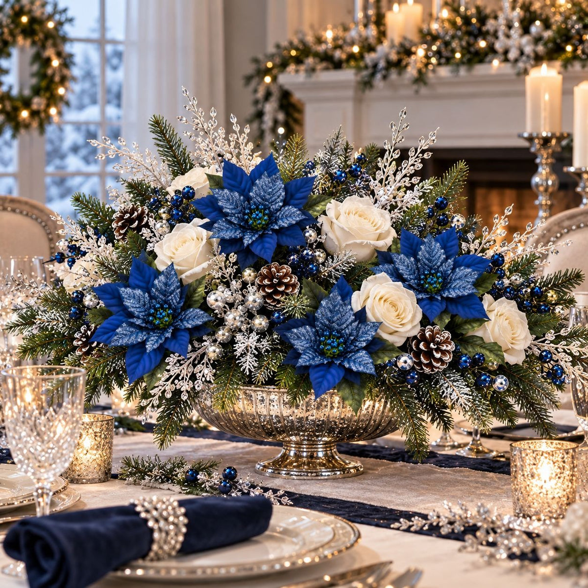 A festive holiday floral centerpiece in a gold pedestal bowl, featuring blue poinsettias, white roses, green pine branches, and white berries, set on a decorated dining table with candles and glassware.