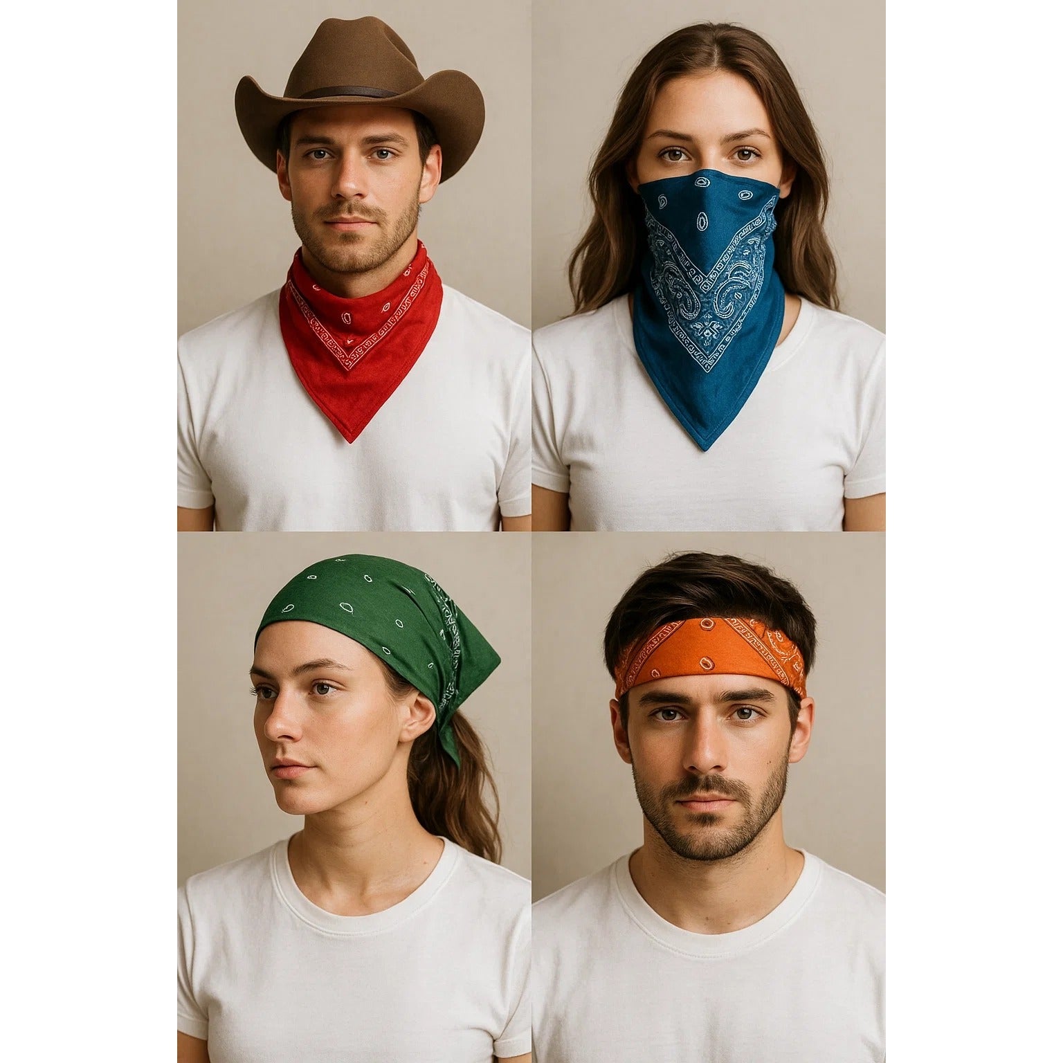 Bandanas 21x21" Western Cowboy Cowgirl - Red White Blue Paisley Square Scarves 3 Pack