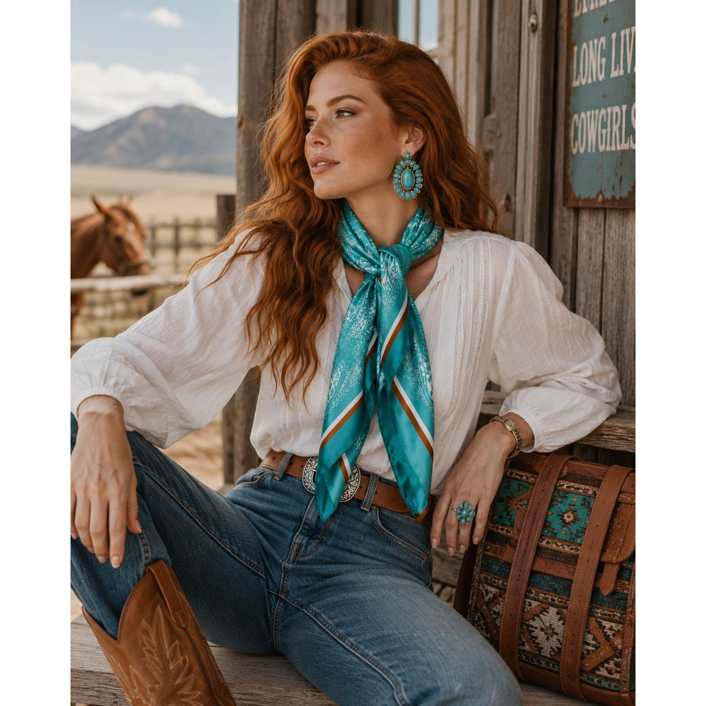 Womens Satin Turquoise Paisley Square Scarf Coastal Chic Western Cowgirl Resort Wear Hair Scarf Head Scarf Neck Scarf Bag Scarf 35x35