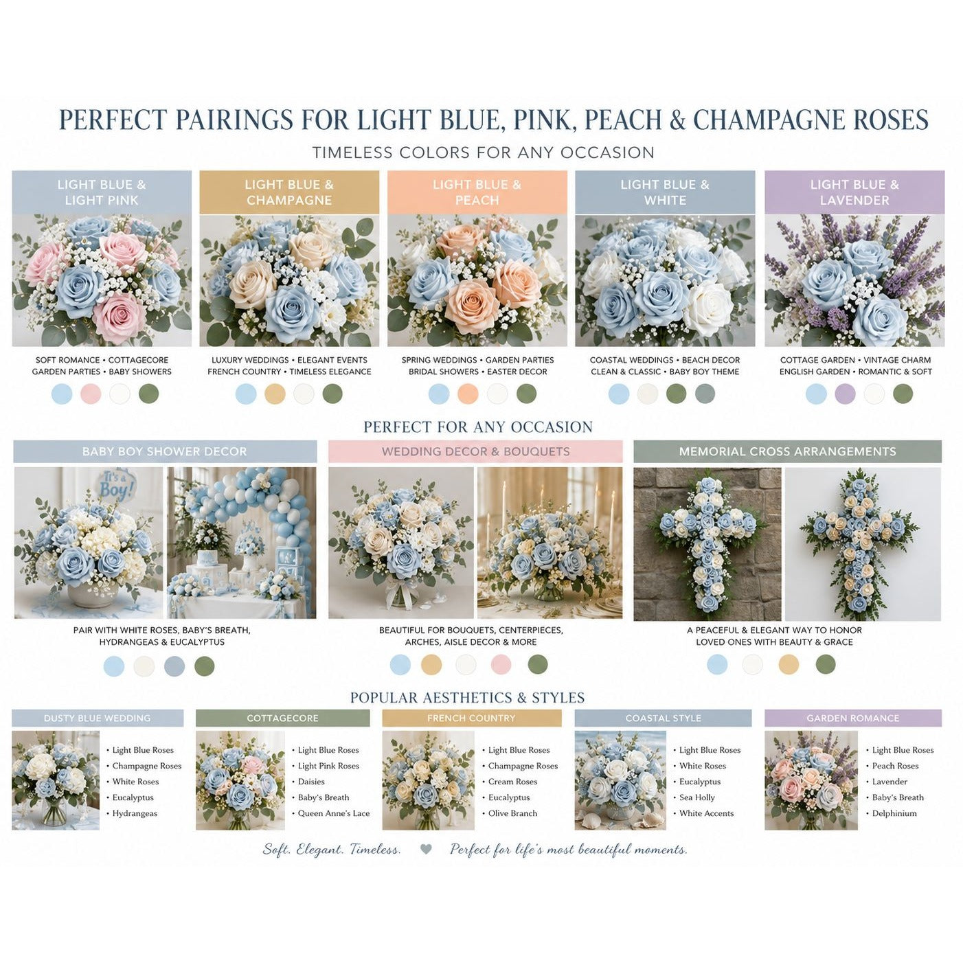 Artificial Light Blue Rose Stems Set of 6 Faux Dusty Blue Roses 20 Inch Wedding Cottage Garden Baby Shower Decor