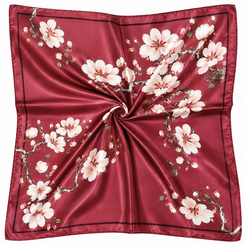 Burgundy Magnolia Satin Scarf 35x35 Square Floral Hair Head Neck Scarf Women
