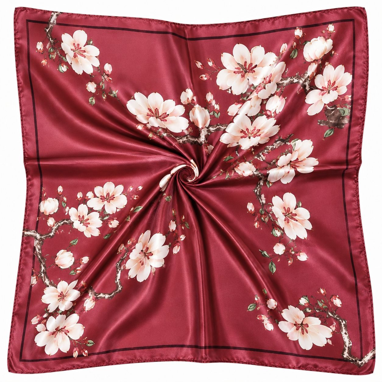 Burgundy Magnolia Satin Scarf 35x35 Square Floral Hair Head Neck Scarf Women