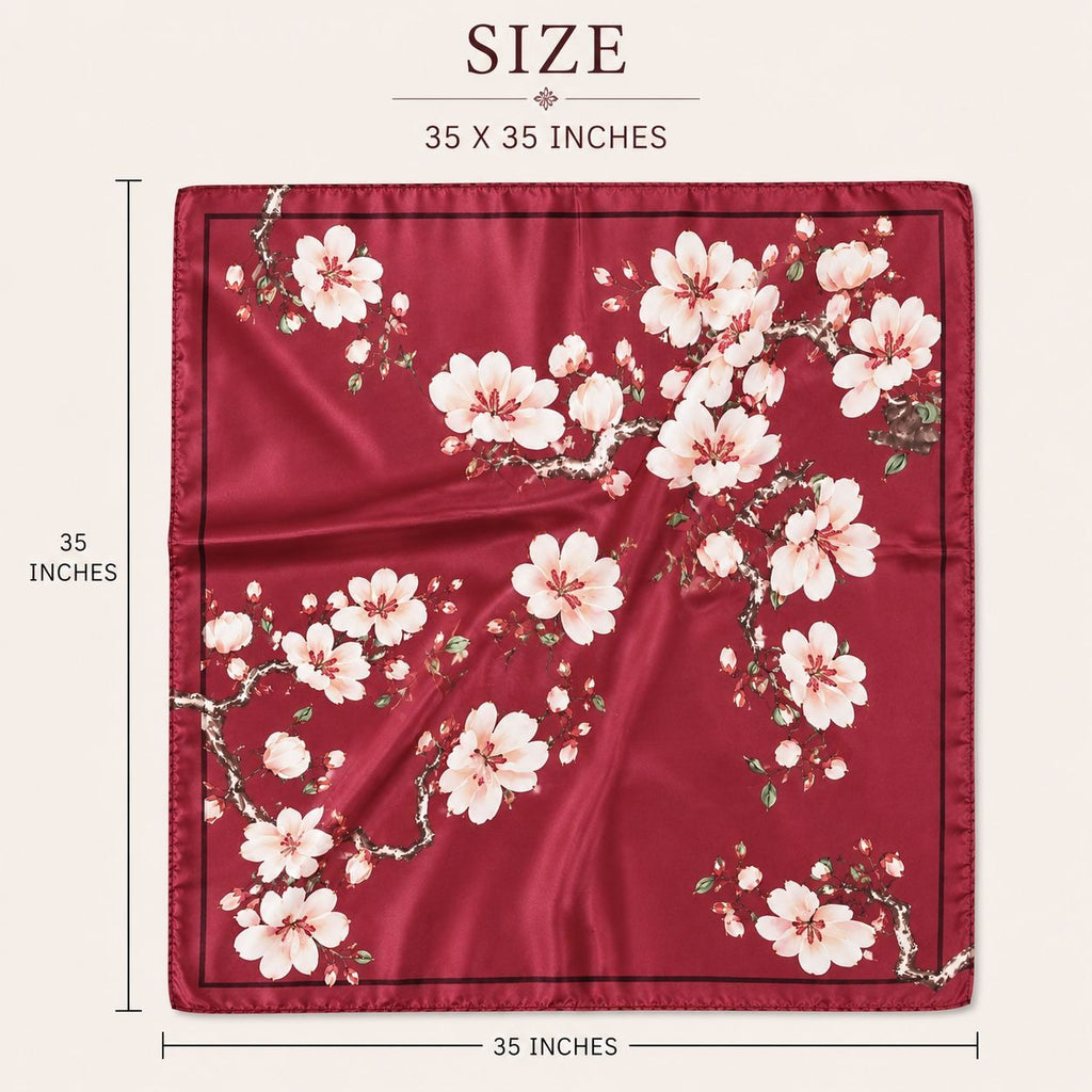 A square satin scarf with a cherry blossom pattern in deep red, pink, and white, shown with dimension lines indicating a size of 35 x 35 inches.