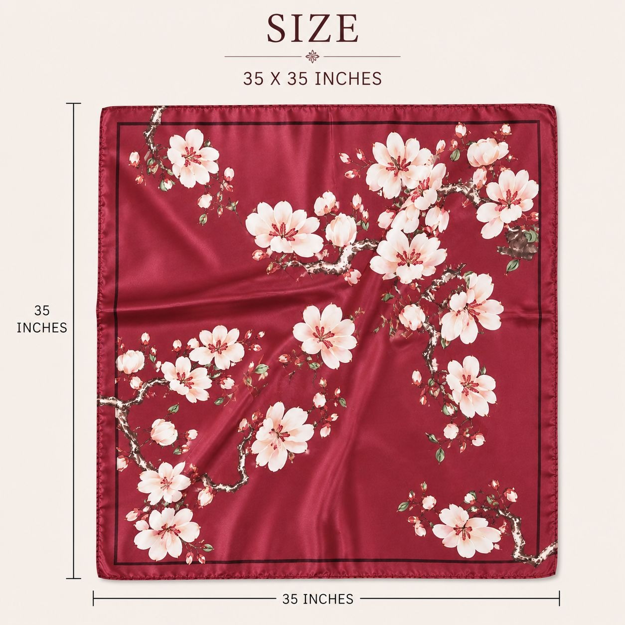 A square satin scarf with a cherry blossom pattern in deep red, pink, and white, shown with dimension lines indicating a size of 35 x 35 inches.