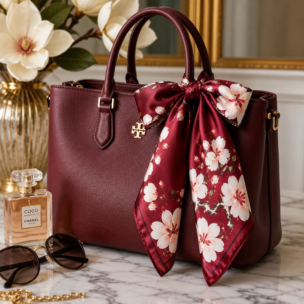 A burgundy leather handbag with a matching burgundy satin scarf featuring a white and pink cherry blossom print, styled on a marble surface with a Chanel Coco perfume bottle, sunglasses, and a gold vase of flowers in the background.