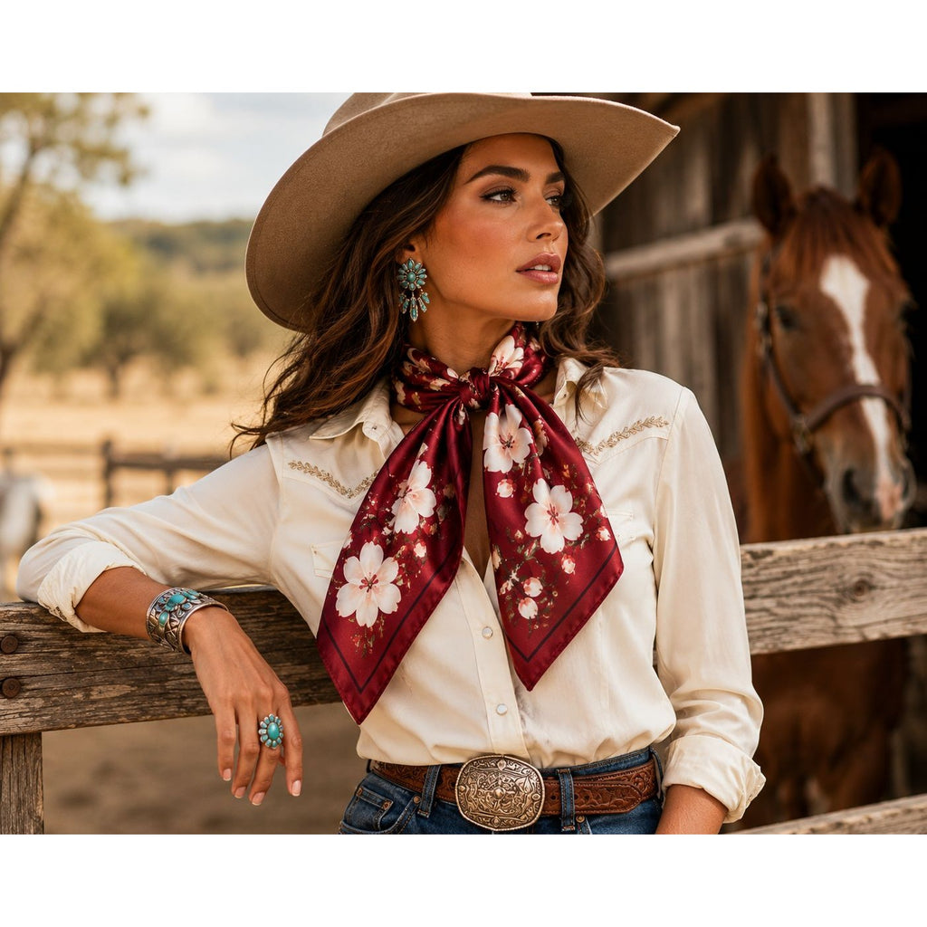 Burgundy Magnolia Satin Scarf 35x35 Square Floral Hair Head Neck Scarf Women