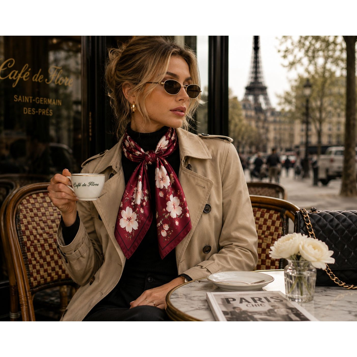 A woman sitting at a Parisian cafe table wearing a beige trench coat and a burgundy floral silk scarf, holding a white teacup. The Eiffel Tower is visible in the background.