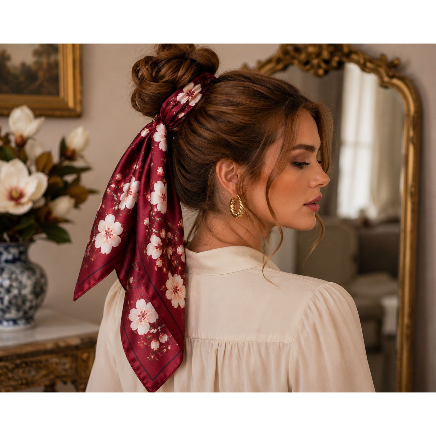 Burgundy Magnolia Satin Scarf 35x35 Square Floral Hair Head Neck Scarf Women