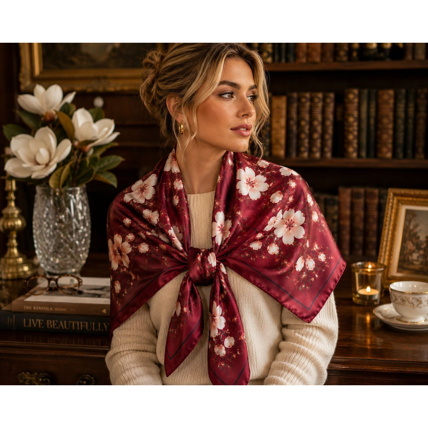 Burgundy Magnolia Satin Scarf 35x35 Square Floral Hair Head Neck Scarf Women