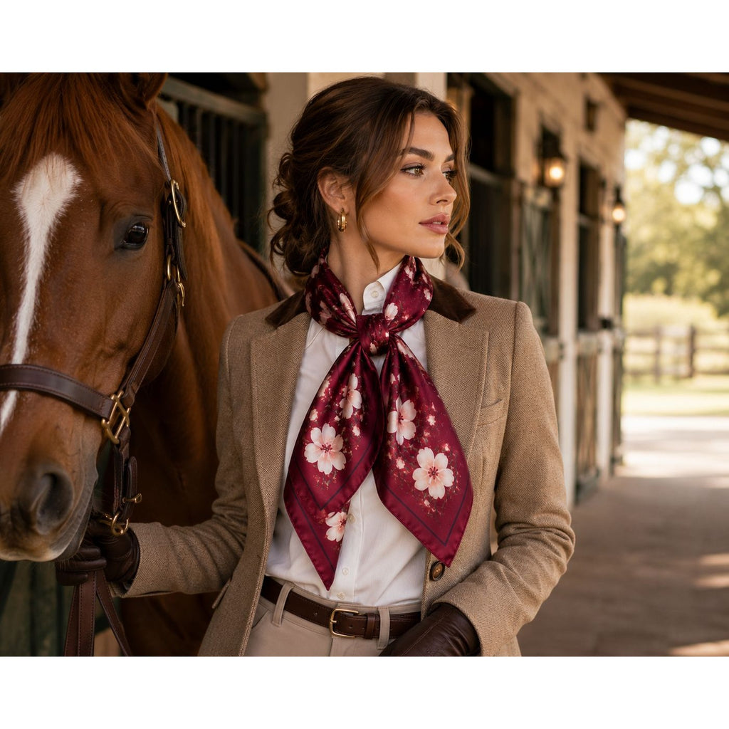 Burgundy Magnolia Satin Scarf 35x35 Square Floral Hair Head Neck Scarf Women