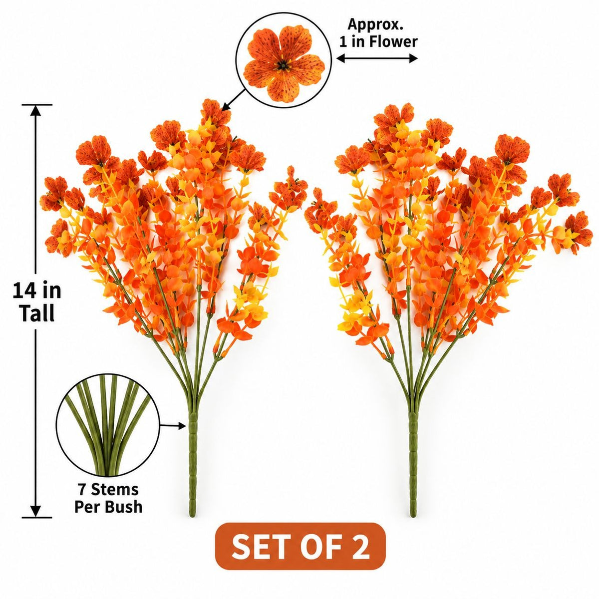 Orange Yellow Artificial Floral Bushes Set of 2, 14 Inch Halloween Decor
