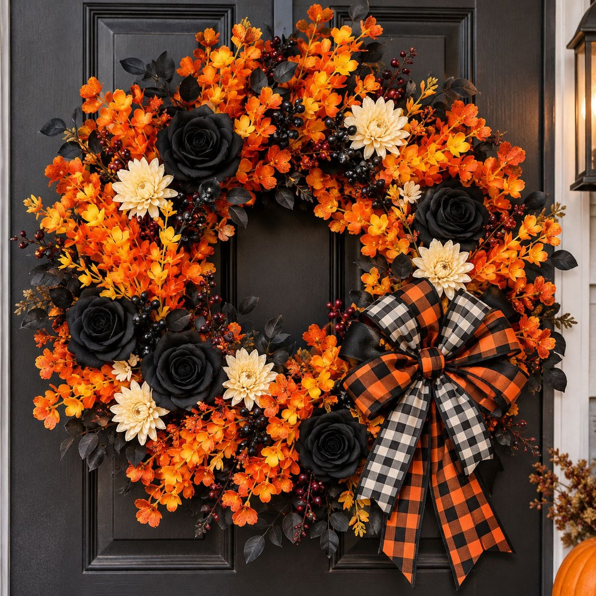 Orange Yellow Artificial Floral Bushes Set of 2, 14 Inch Halloween Decor