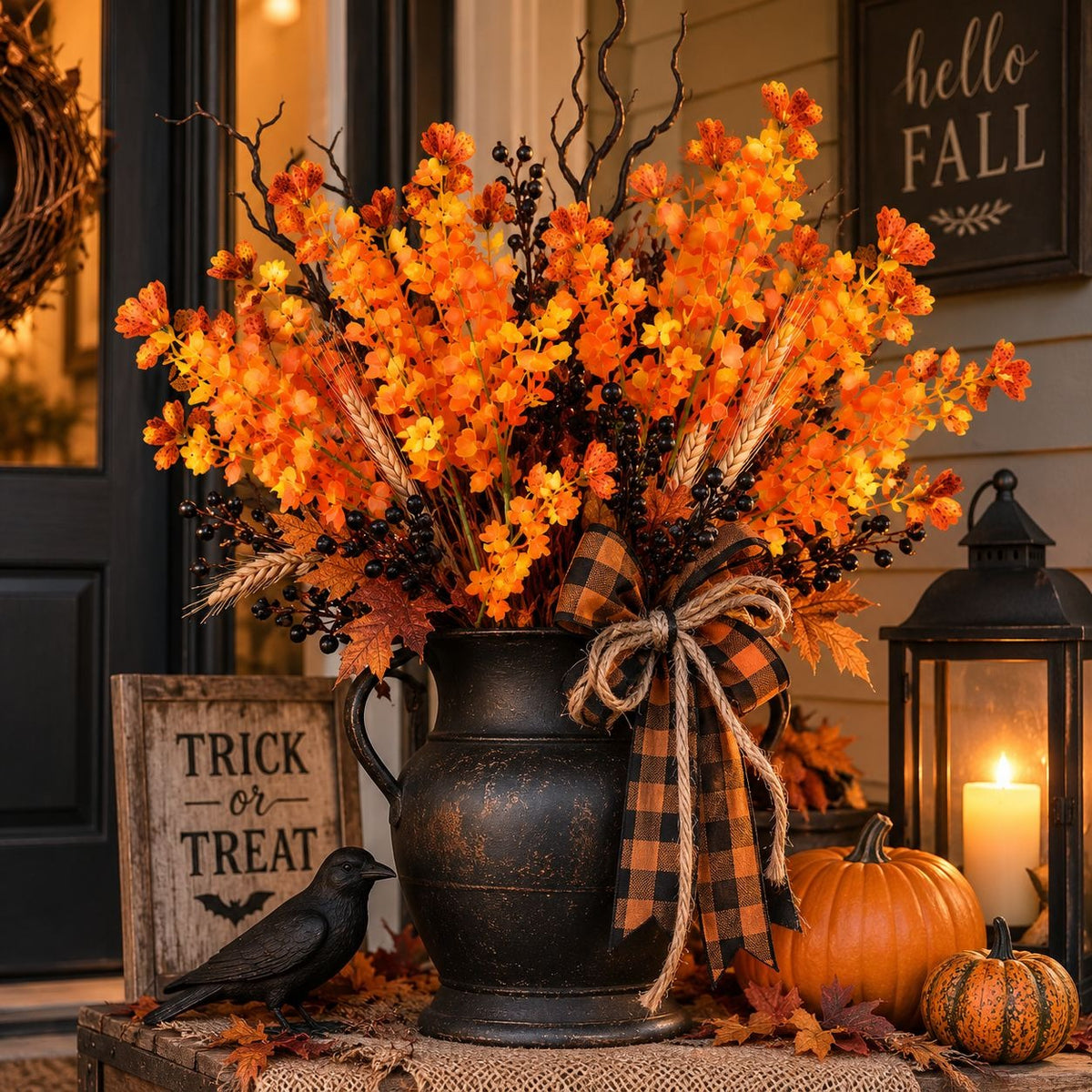 Orange Yellow Artificial Floral Bushes Set of 2, 14 Inch Halloween Decor