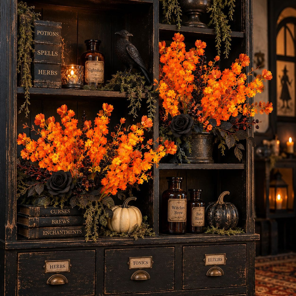 Orange Yellow Artificial Floral Bushes Set of 2, 14 Inch Halloween Decor