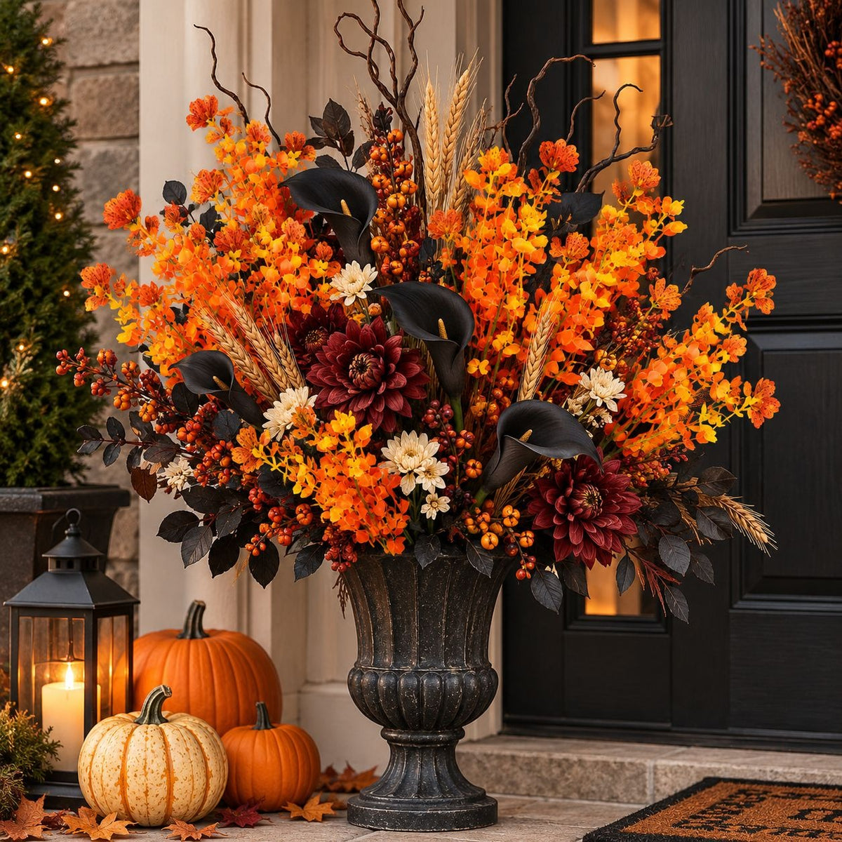 Orange Yellow Artificial Floral Bushes Set of 2, 14 Inch Halloween Decor