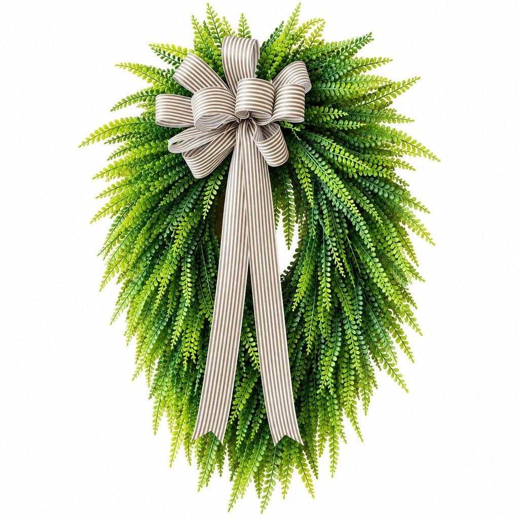 Artificial Button Fern Teardrop Wreath, 22 Inch, Front Door Striped Bow