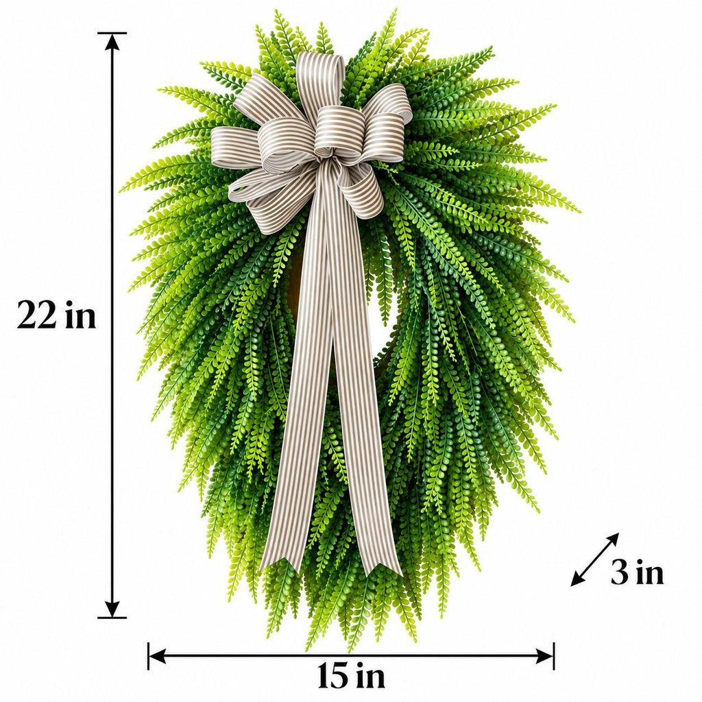 Artificial Button Fern Teardrop Wreath, 22 Inch, Front Door Striped Bow