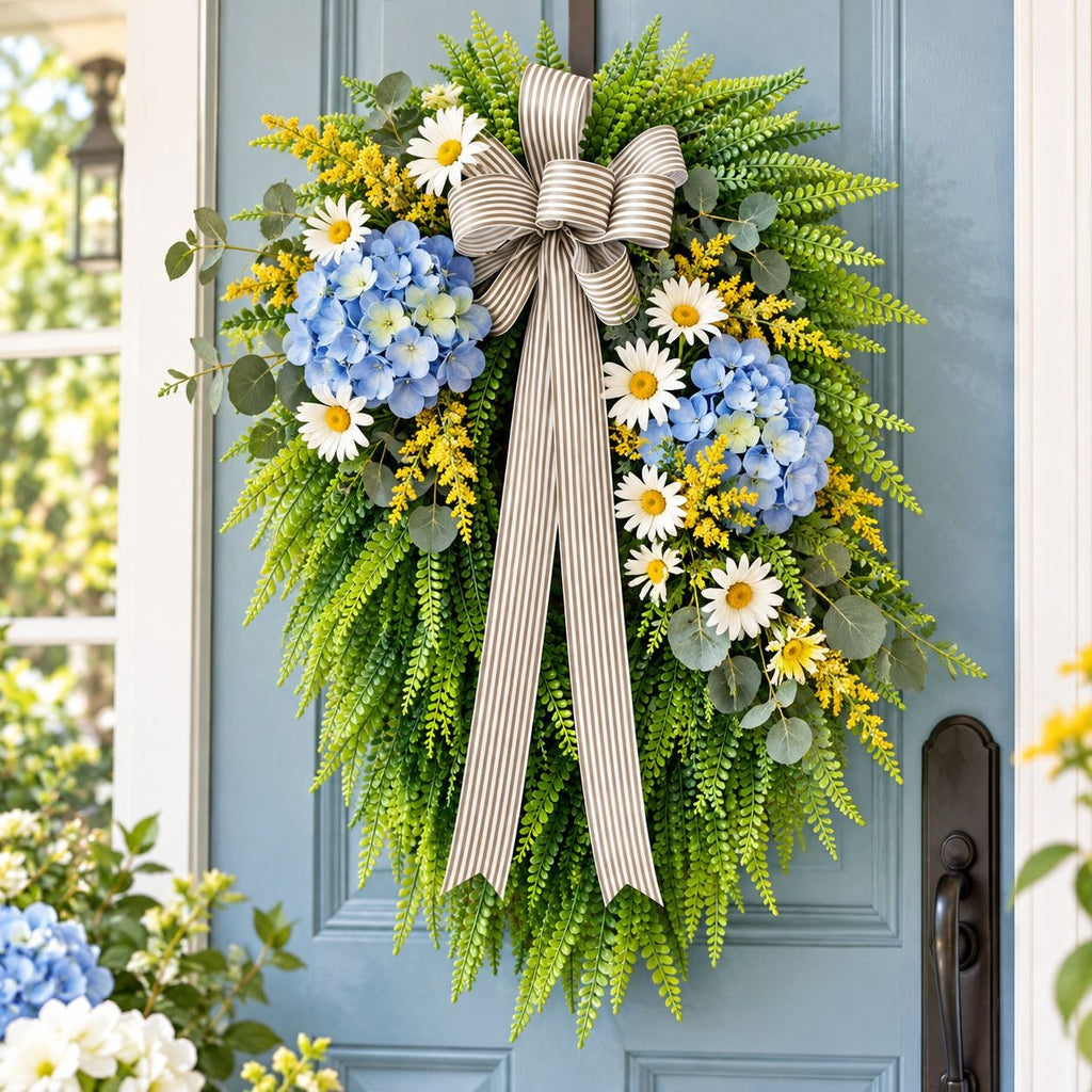 Artificial Button Fern Teardrop Wreath, 22 Inch, Front Door Striped Bow