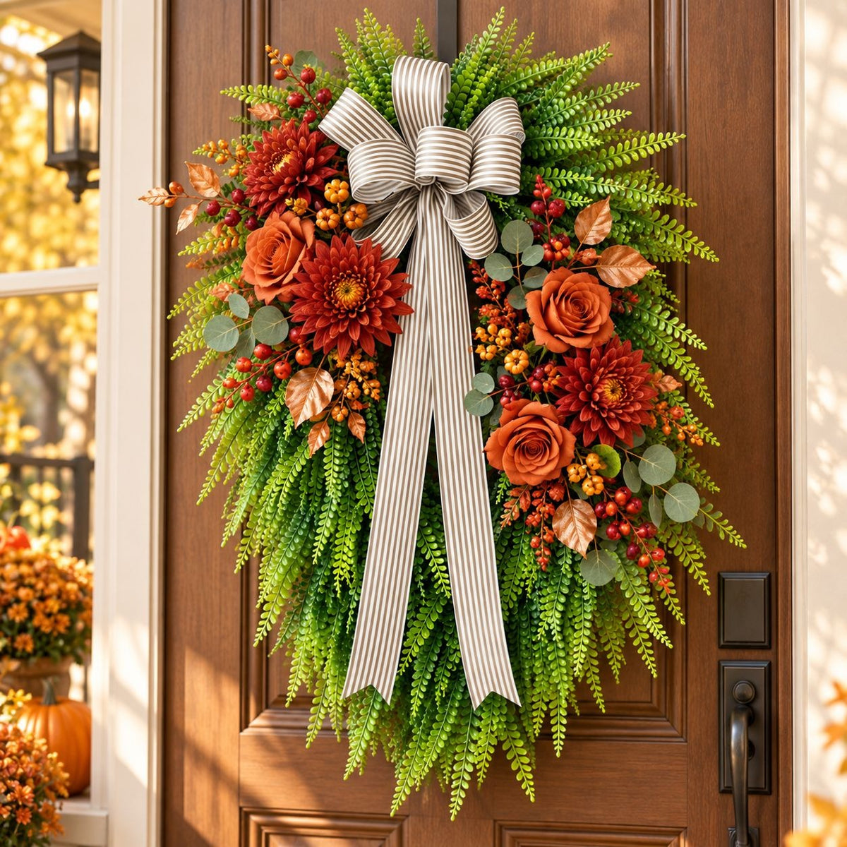 Artificial Button Fern Teardrop Wreath, 22 Inch, Front Door Striped Bow