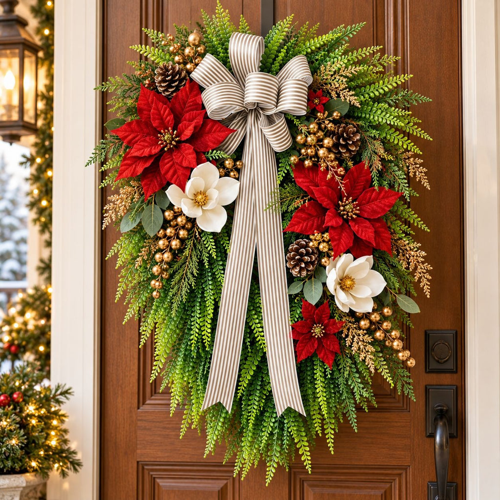 Artificial Button Fern Teardrop Wreath, 22 Inch, Front Door Striped Bow