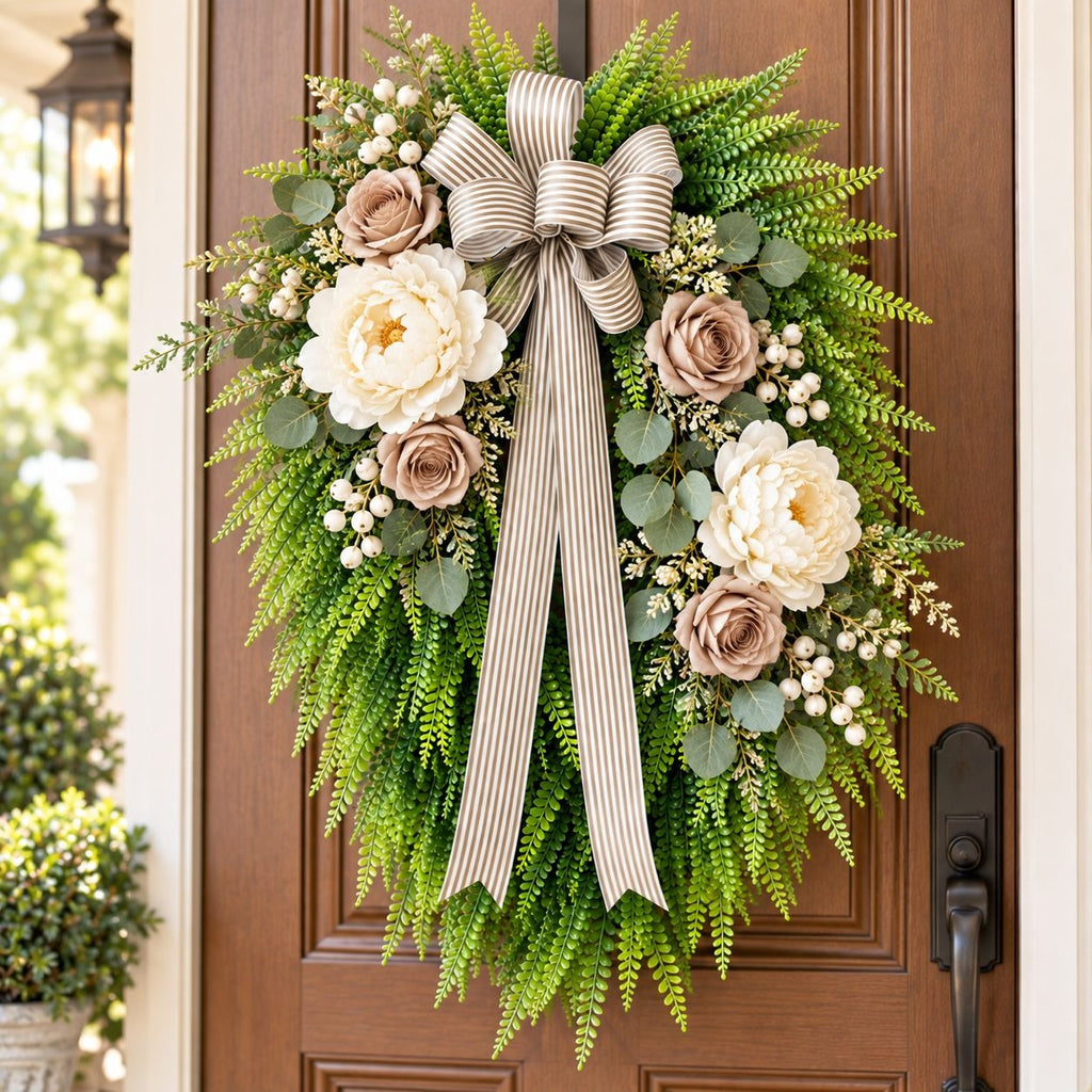 Artificial Button Fern Teardrop Wreath, 22 Inch, Front Door Striped Bow