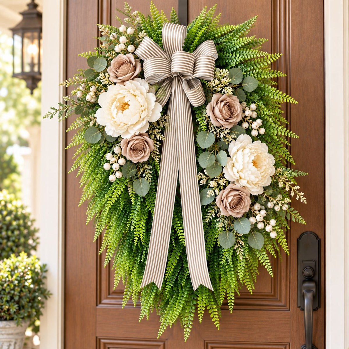 Artificial Button Fern Teardrop Wreath, 22 Inch, Front Door Striped Bow