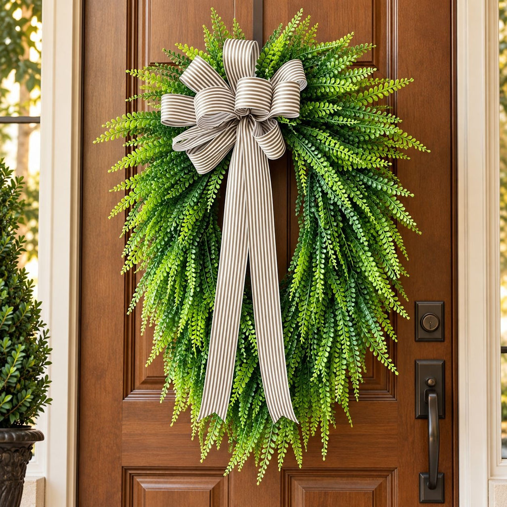 Artificial Button Fern Teardrop Wreath, 22 Inch, Front Door Striped Bow