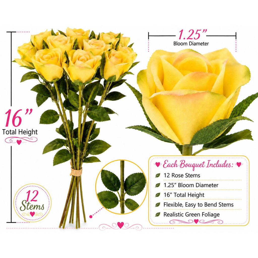 Yellow Artificial Roses 12 Stems Faux Silk Rose Bouquet Small Roses Wedding Flowers Floral Supplies