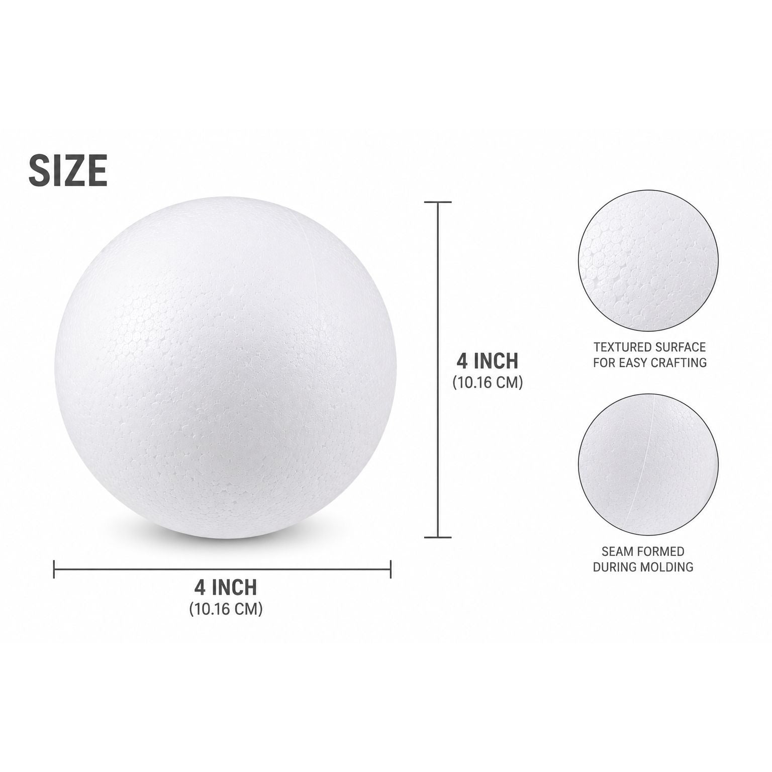 White spherical object with measurements and text on a white background