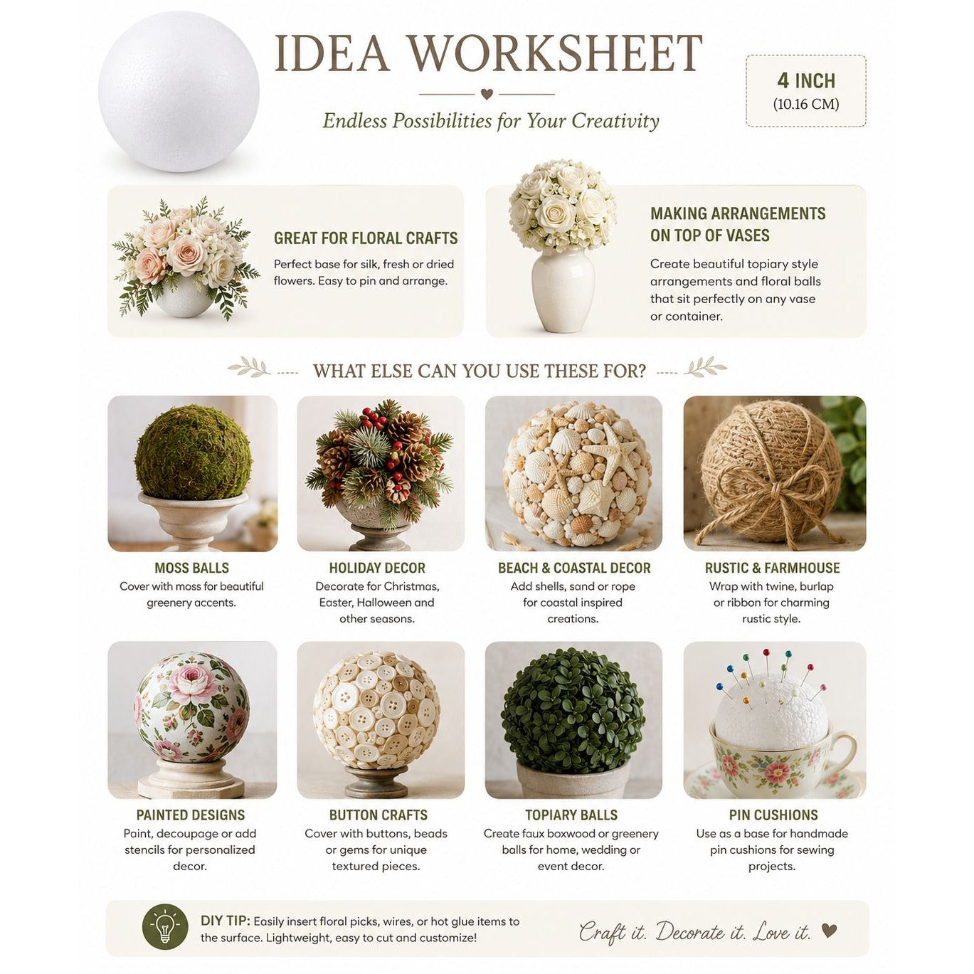 Idea worksheet for 4-inch decorative items with various craft applications.