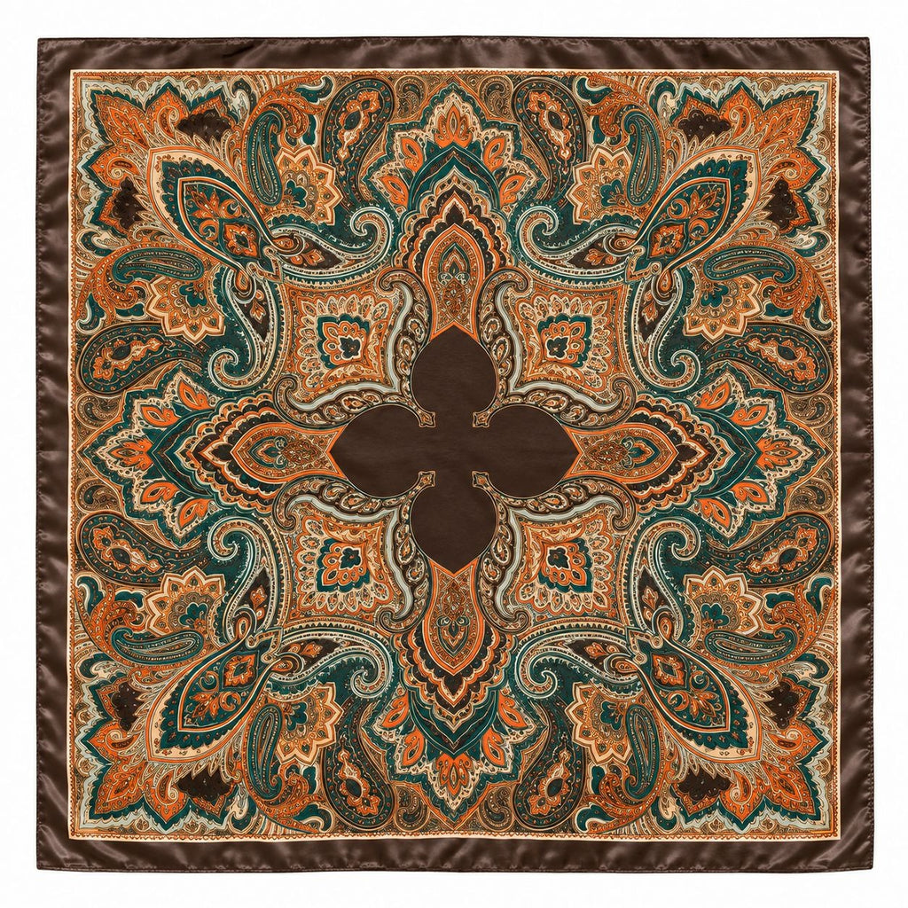 Teal Brown Paisley Wild Rag Scarf 35x35 Satin Western Cowgirl Burnt Orange