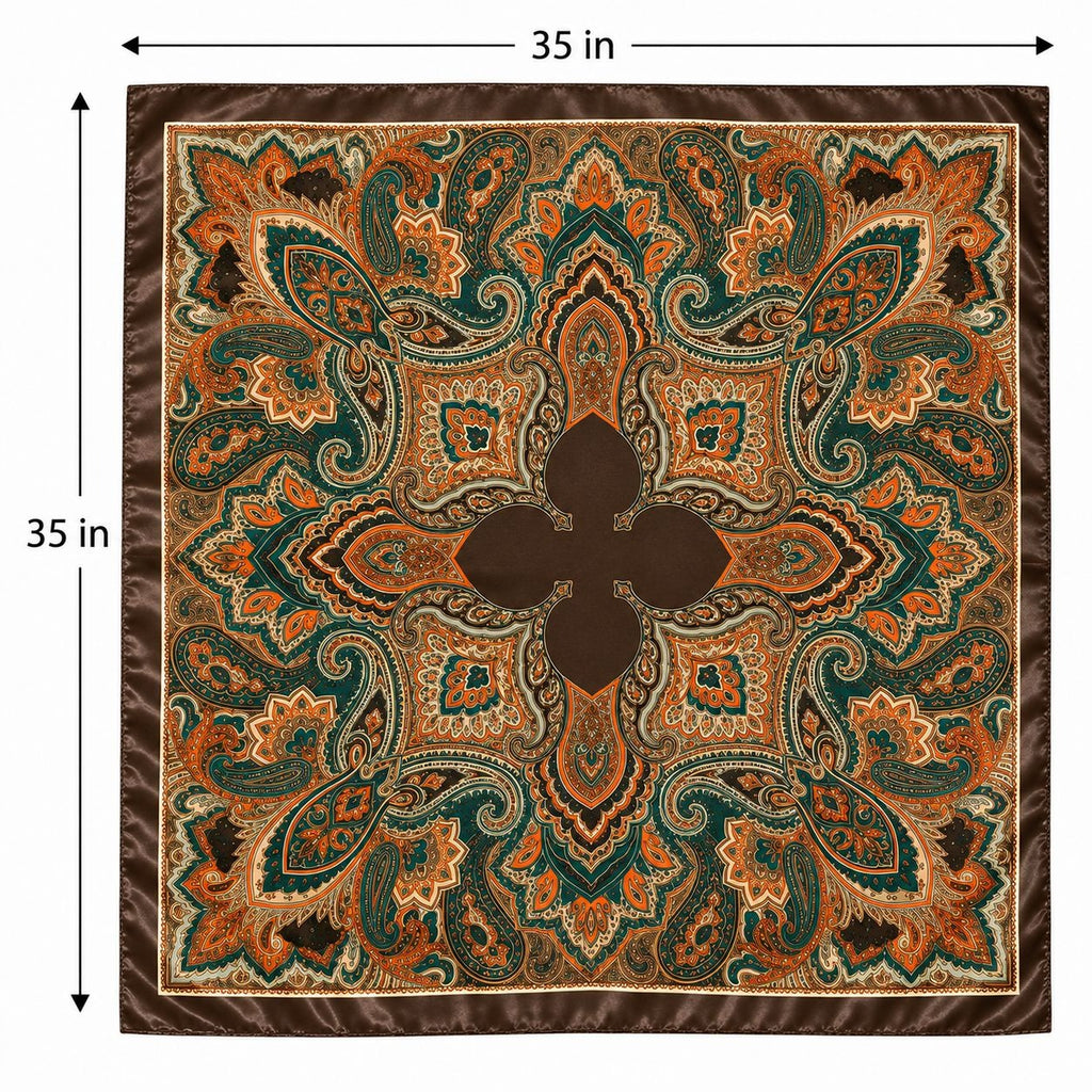 Teal Brown Paisley Wild Rag Scarf 35x35 Satin Western Cowgirl Burnt Orange