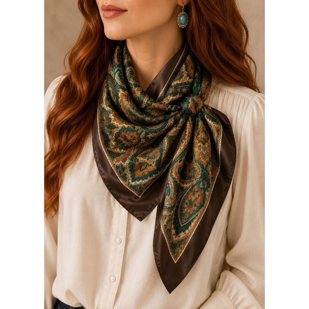 Teal Brown Paisley Wild Rag Scarf 35x35 Satin Western Cowgirl Burnt Orange