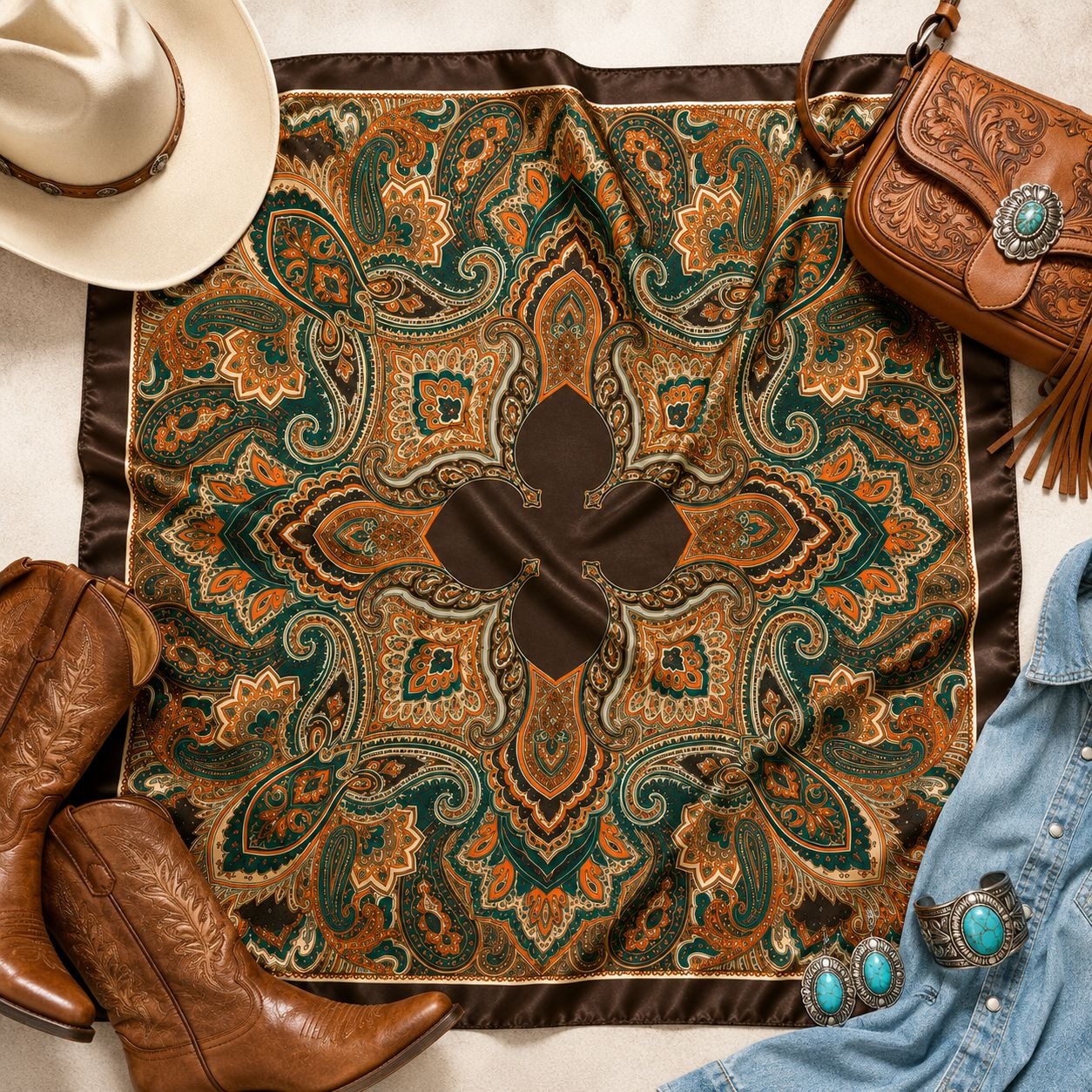 Teal Brown Paisley Wild Rag Scarf 35x35 Satin Western Cowgirl Burnt Orange