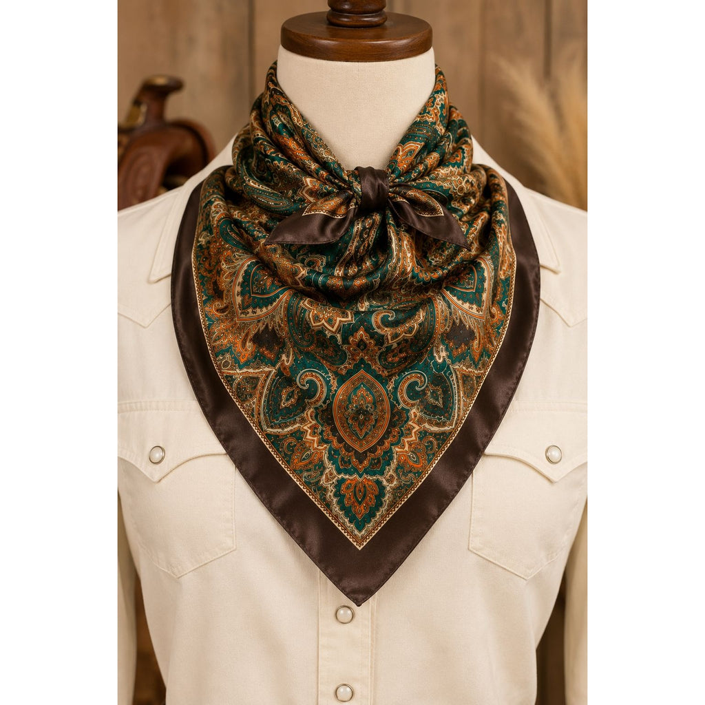 Teal Brown Paisley Wild Rag Scarf 35x35 Satin Western Cowgirl Burnt Orange