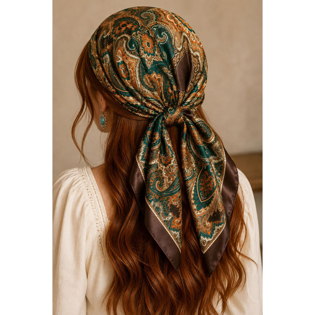 Teal Brown Paisley Wild Rag Scarf 35x35 Satin Western Cowgirl Burnt Orange