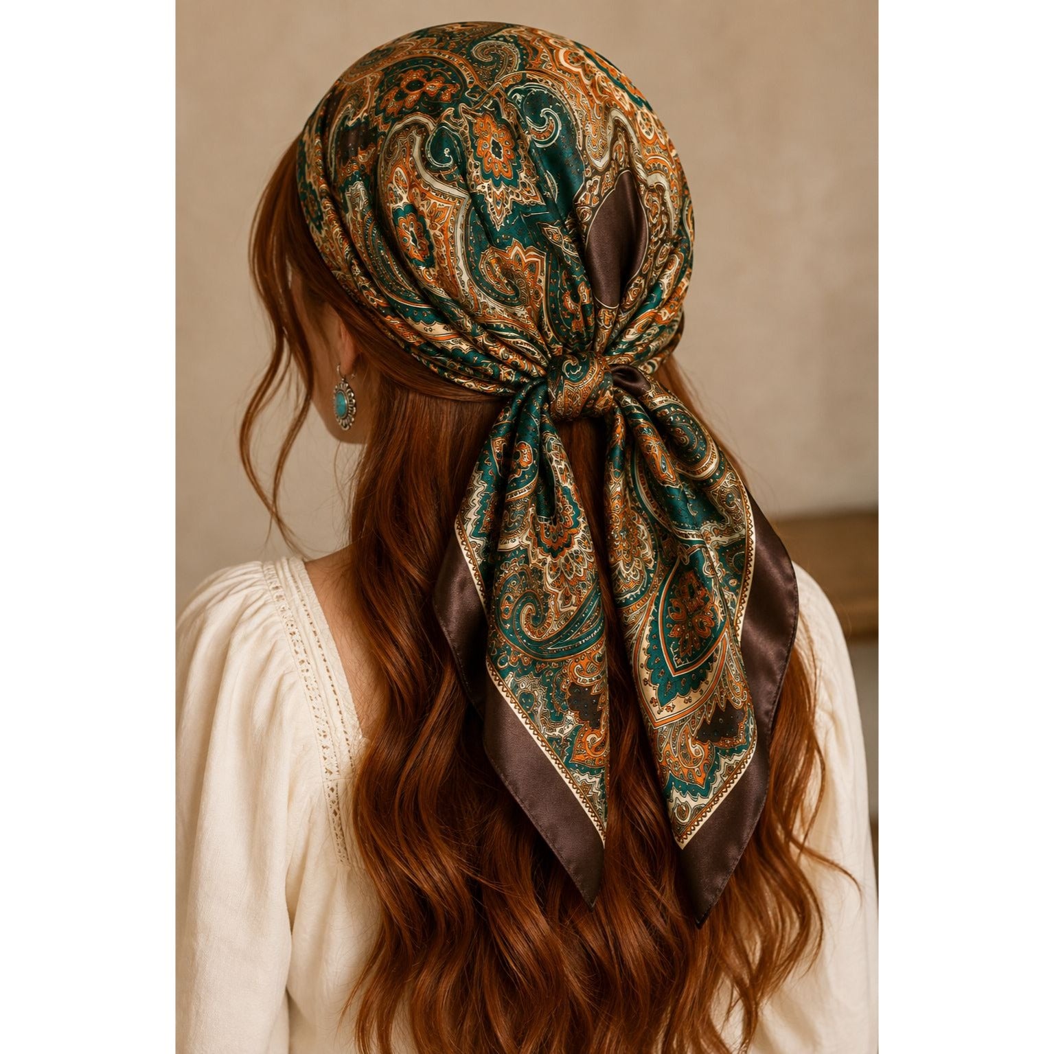 Teal Brown Paisley Wild Rag Scarf 35x35 Satin Western Cowgirl Burnt Orange