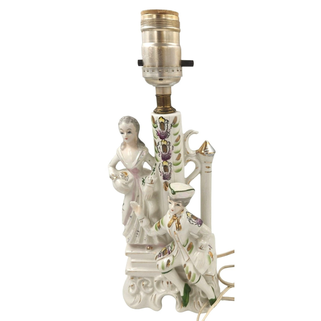 Wales Pottery Japan Figural Boudoir Lamp Victorian Style Lady Gentleman Porcelain 11.5 Inch