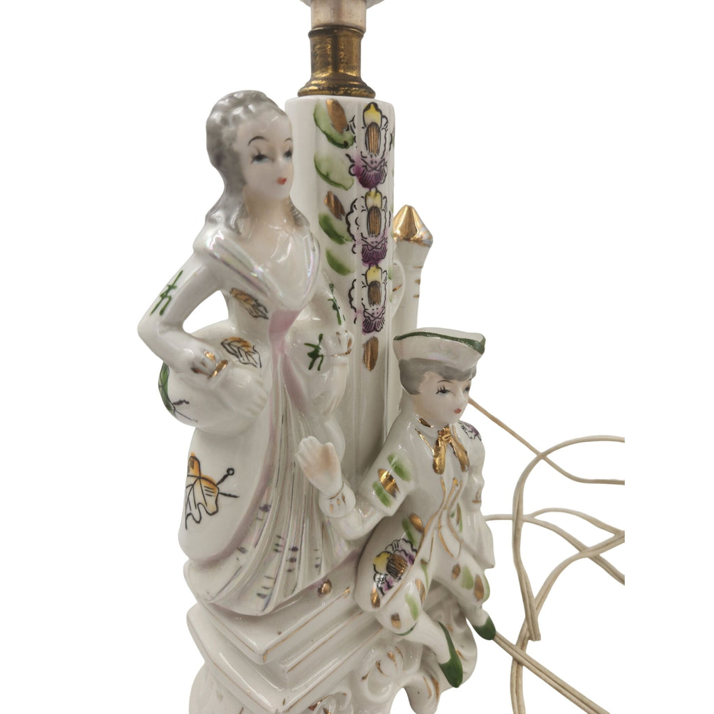 Wales Pottery Japan Figural Boudoir Lamp Victorian Style Lady Gentleman Porcelain 11.5 Inch
