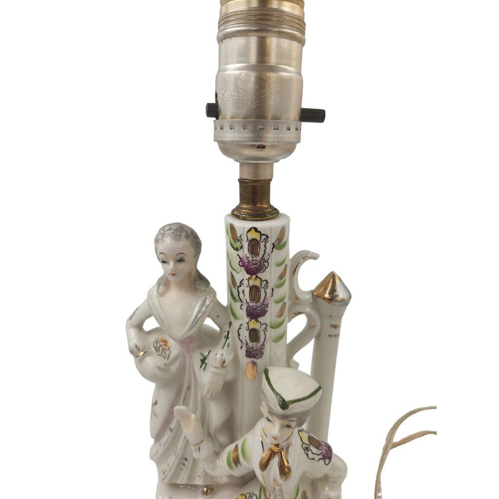 Wales Pottery Japan Figural Boudoir Lamp Victorian Style Lady Gentleman Porcelain 11.5 Inch