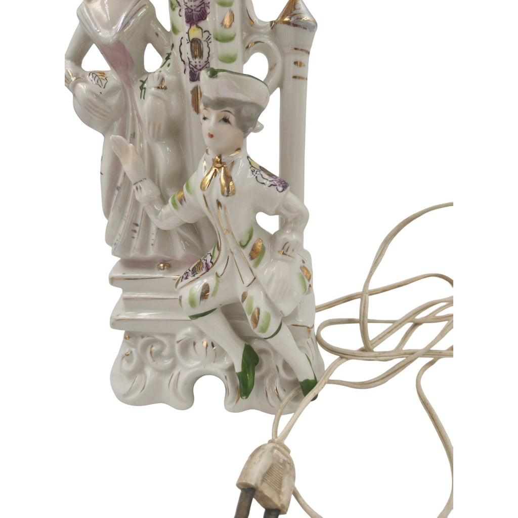 Wales Pottery Japan Figural Boudoir Lamp Victorian Style Lady Gentleman Porcelain 11.5 Inch
