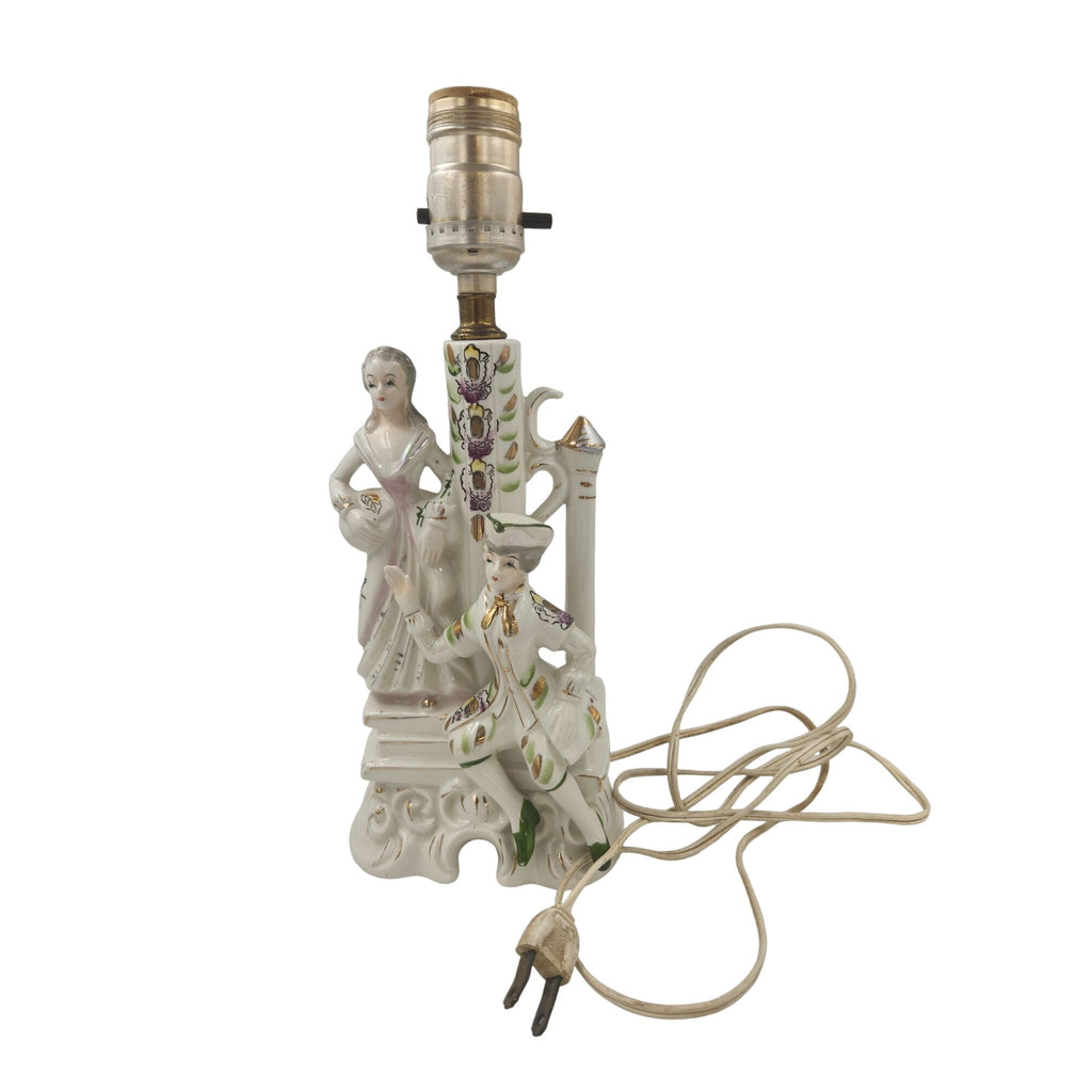 Wales Pottery Japan Figural Boudoir Lamp Victorian Style Lady Gentleman Porcelain 11.5 Inch