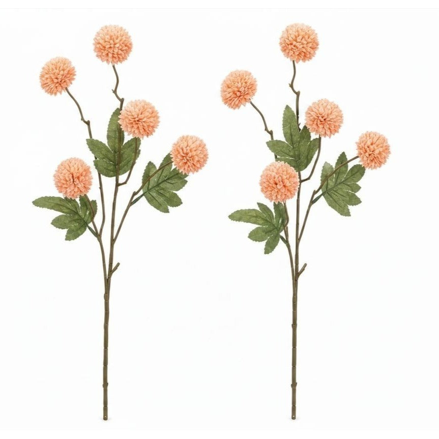 Soft Peach Pom Pom Chrysanthemum Stems Set of 2, 20 Inch Artificial Silk Flowers for Floral Arrangements